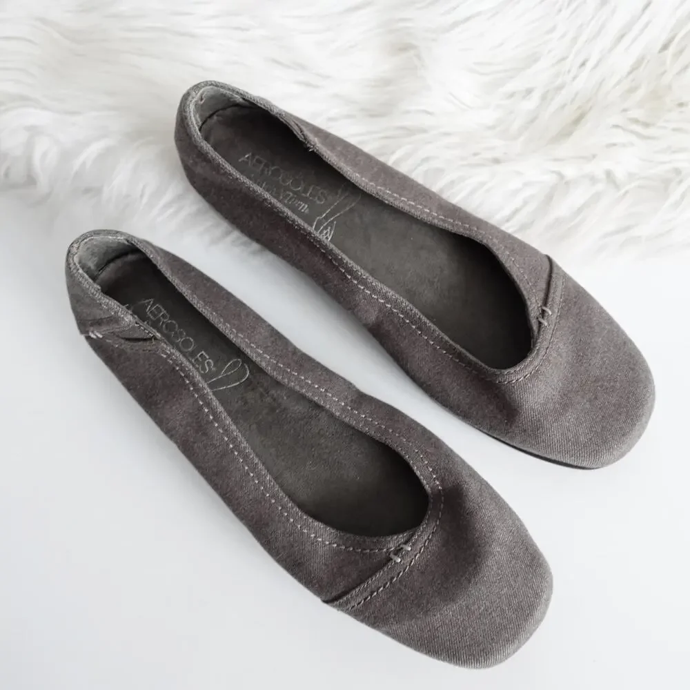 Vintage Aerosoles 90s Y2K Grey Square Toe Fabric Flats - Picture 2 of 9